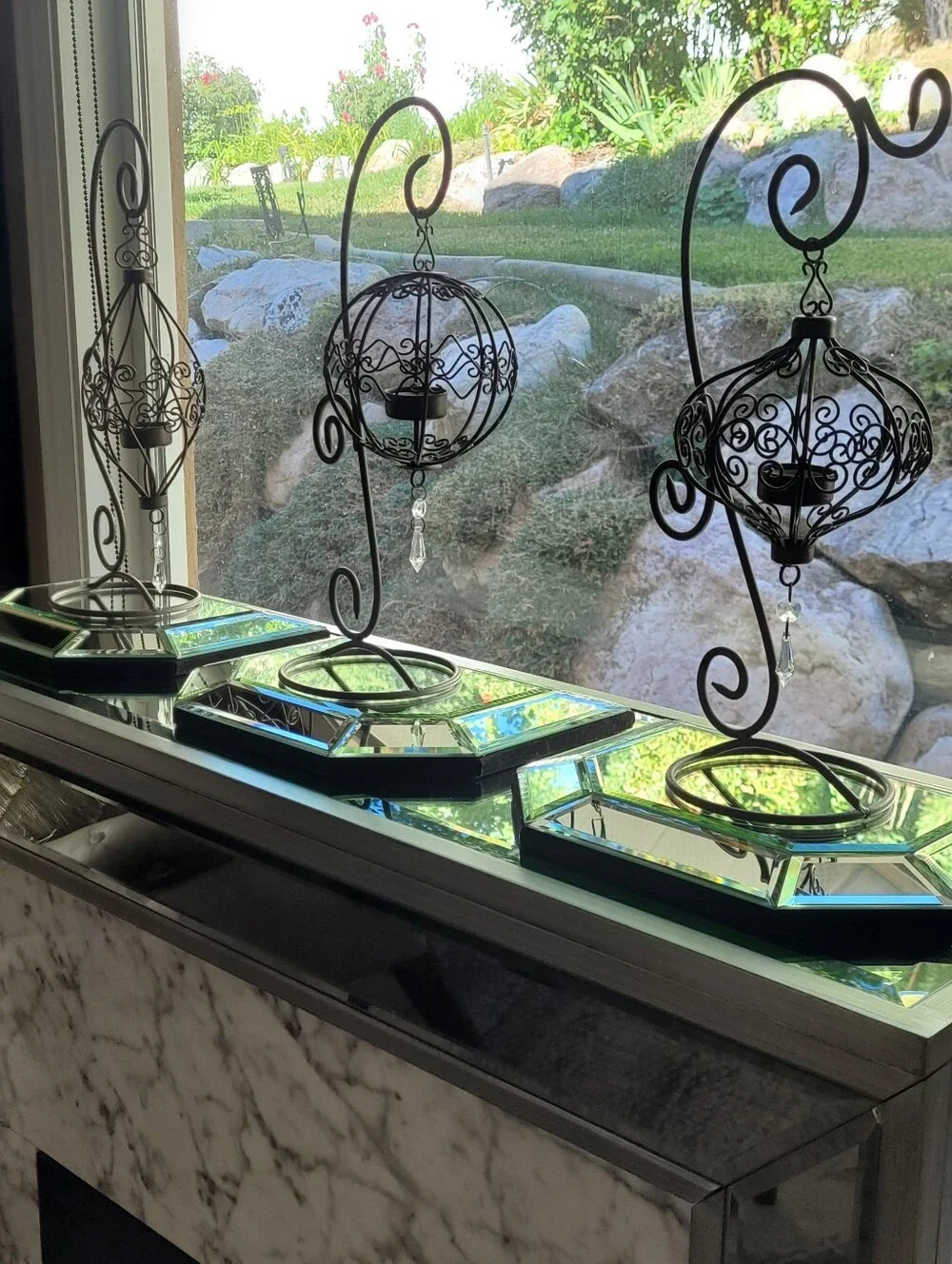 Vintage Tabletop Tealight Candle Lanterns with S Scrolling Design. Wrought Iron